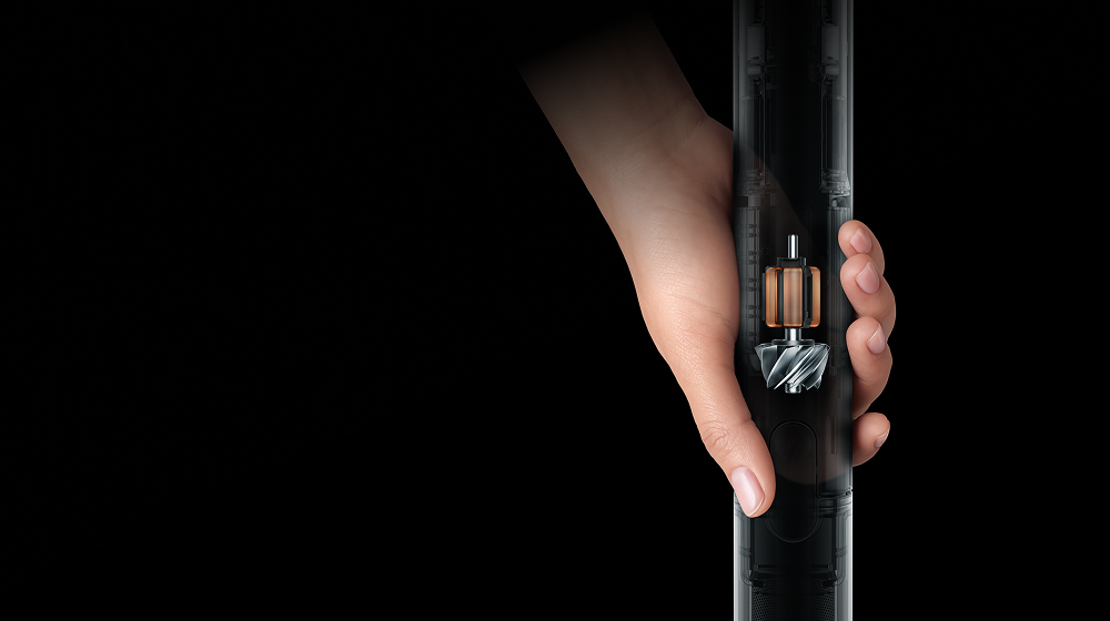 Plan en coupe montrant la puissance du moteur Hyperdymium 140 k à l’intérieur de l’aspirateur Dyson PencilVac.