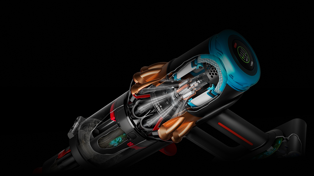 Plan en coupe du puissant moteur Dyson Hyperdymium situé à l’intérieur de l’aspirateur Dyson V16 Piston Animal.