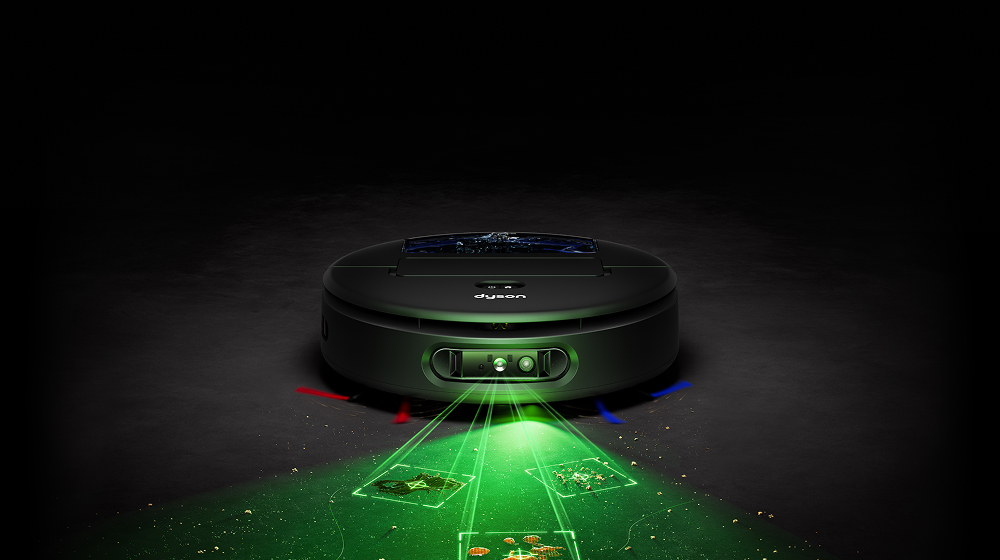 Illustration du robot aspirateur-laveur Dyson Spot+Scrub Ai révélant les taches cachées et identifiant les renversements.