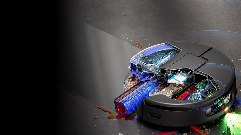 Vue en coupe de la brosse humide autonettoyante du robot aspirateur Dyson Spot+Scrub Ai DR30.