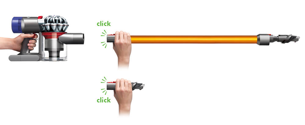 L’aspirateur Dyson V8 se transforme en aspirateur à main d’un seul geste.